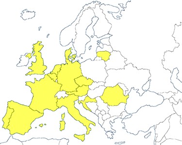Použití pelet s označením ENplus tvoří nad 50 % všech pelet v EU (žlutě označeny státy, které dosud přijaly jednotný systém kvality ENplus)