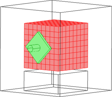 Obr. 1a Geometrie tepelného úložiště. Betonový/granitový monoblok zaujímá stejný objem jako granitové kostky s TVG. Jádro červeně, soustava tepelného výměníku zeleně.