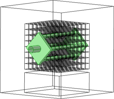 Obr. 1b Geometrie tepelného úložiště. Betonový/granitový monoblok zaujímá stejný objem jako granitové kostky s TVG. Jádro červeně, soustava tepelného výměníku zeleně.