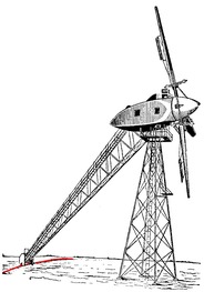 Kresba větrné elektrárny CAGI-30, postavené před r. 1942. Její natáčení bylo řešeno pojezdem šikmé opěry po kruhové kolejnici. Barevně je vyznačena kolejnice pojezdu pro natáčení gondoly proti větru při provozu elektrárny (upr. repro z knihy Fr. Kašpara – Větrné motory a elektrárny).