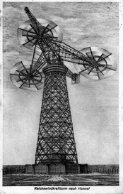 Pohlednice s vizualizací třírotorové verze Honnefovy větrné elektrárny (1936)