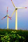 Větrné elektrárny z kategorie „second hand“ na lokalitě Lysý Vrch u Albrechtic nabízejí i vizuální konfrontaci s torzem větrného mlýna. (Foto B. Koč)