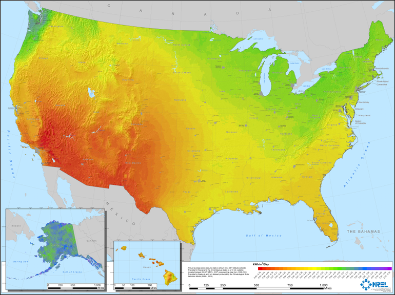 Obrázek 2. Mapa fotovoltaických zdrojů v USA.