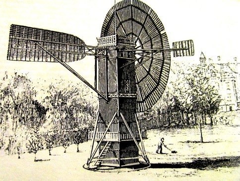 První větrná elektrárna amerického vynálezce a konstruktéra Charlese F. Brushe v Clevelandu z roku 1888.