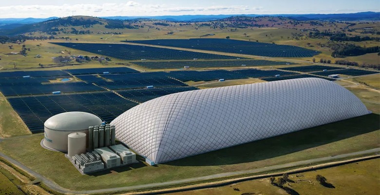 Vizualizace energetickho loit od spolenosti Energy Dome, na kter je patrn rozmrn kupole, slouc k uskladnn nestlaenho CO₂. Zdroj: Energy Dome