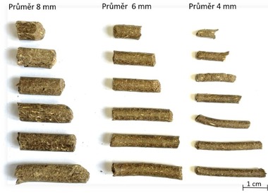 Obr. 1. Použité vzorky vyrobených pelet (vlevo pelety 8 mm, uprostřed 6 mm a vpravo 4 mm)