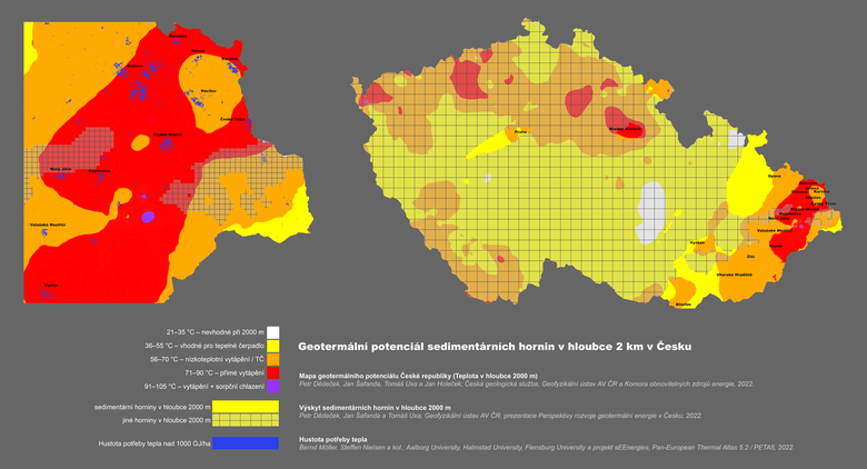 Mapa&nbsp;1. Orientační kombinace teploty v&nbsp;hloubce 2&nbsp;km, sedimentárních hornin a&nbsp;hustoty potřeby tepla